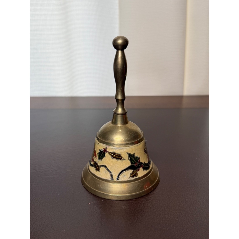 Vintage Brass Christmas Hand Bell Enamel Robin Bird Holly Berry Holiday Decor